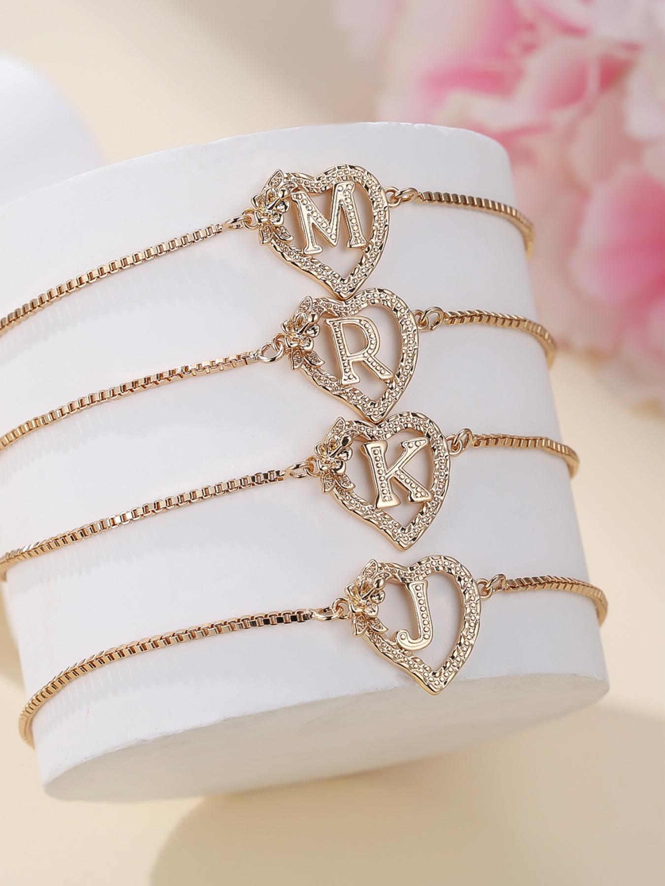 Women's Elegant Heart Design Initial Letter Charm Bracelet, Heart Shaped Bracelet, Exquisite Trendy Bracelet, Letter Link Bracelet for Women & Girls As Gift
