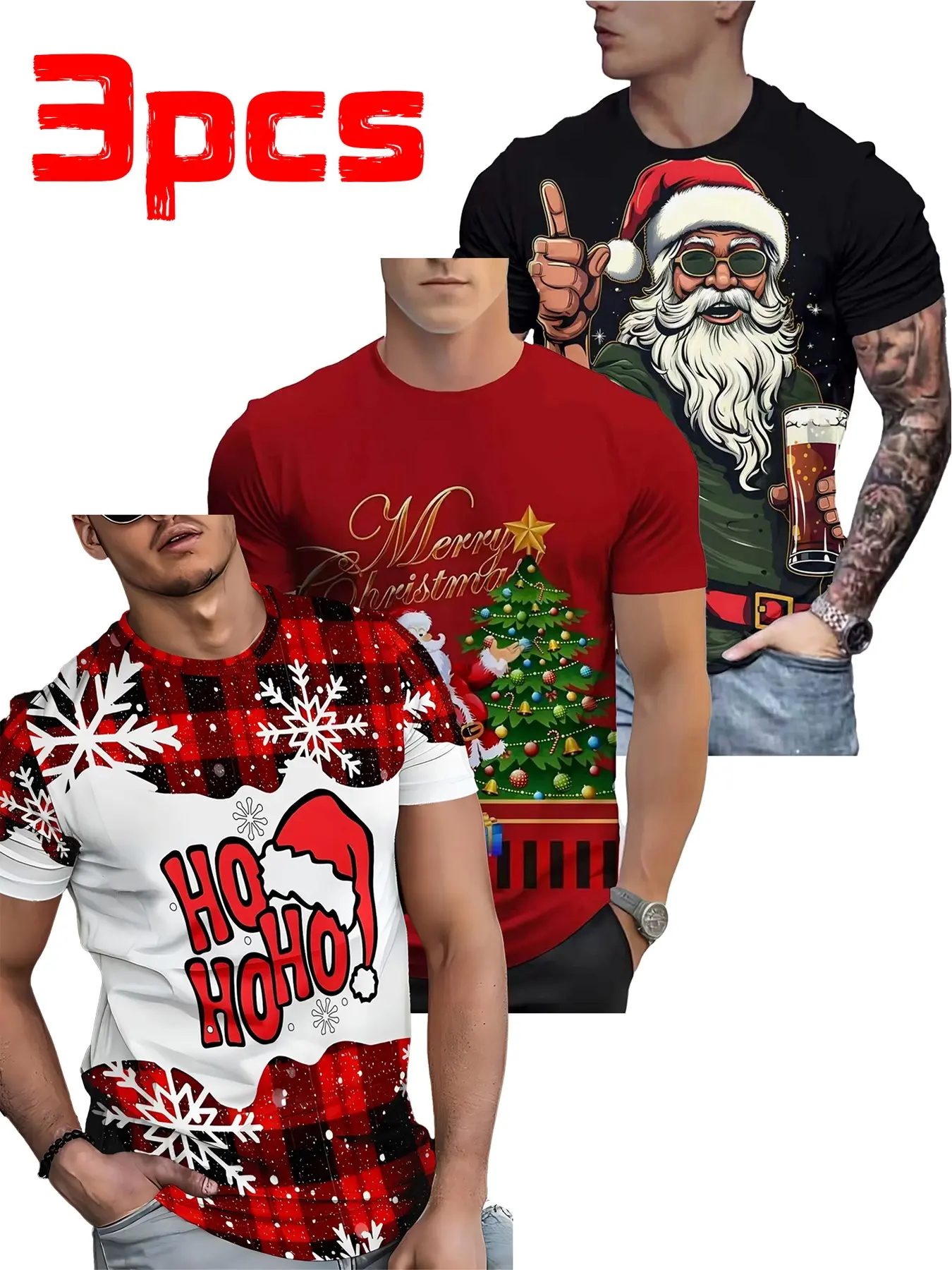 3-Pack Men's Funny Christmas Print Short Sleeves, Retro Plaid Snowflake Tree Cartoon Santa Casual T-Shirts Set, All-Season Slim Fit