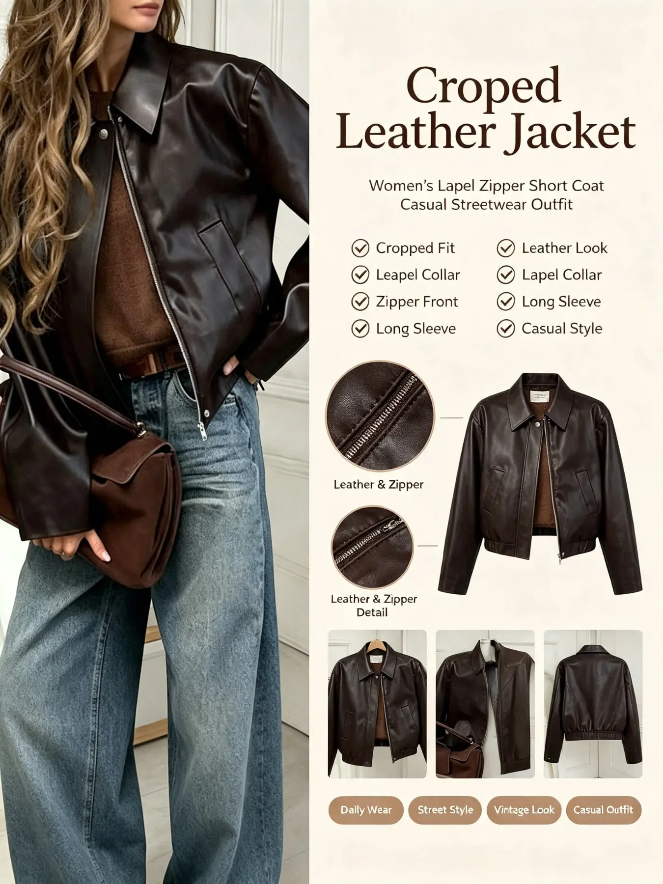 Plus Size Retro Collar Short PU Leather Jacket for Women, Zipper Long Sleeve Loose Fit Casual Motorcycle Coat, Spring & Fall Outerwear