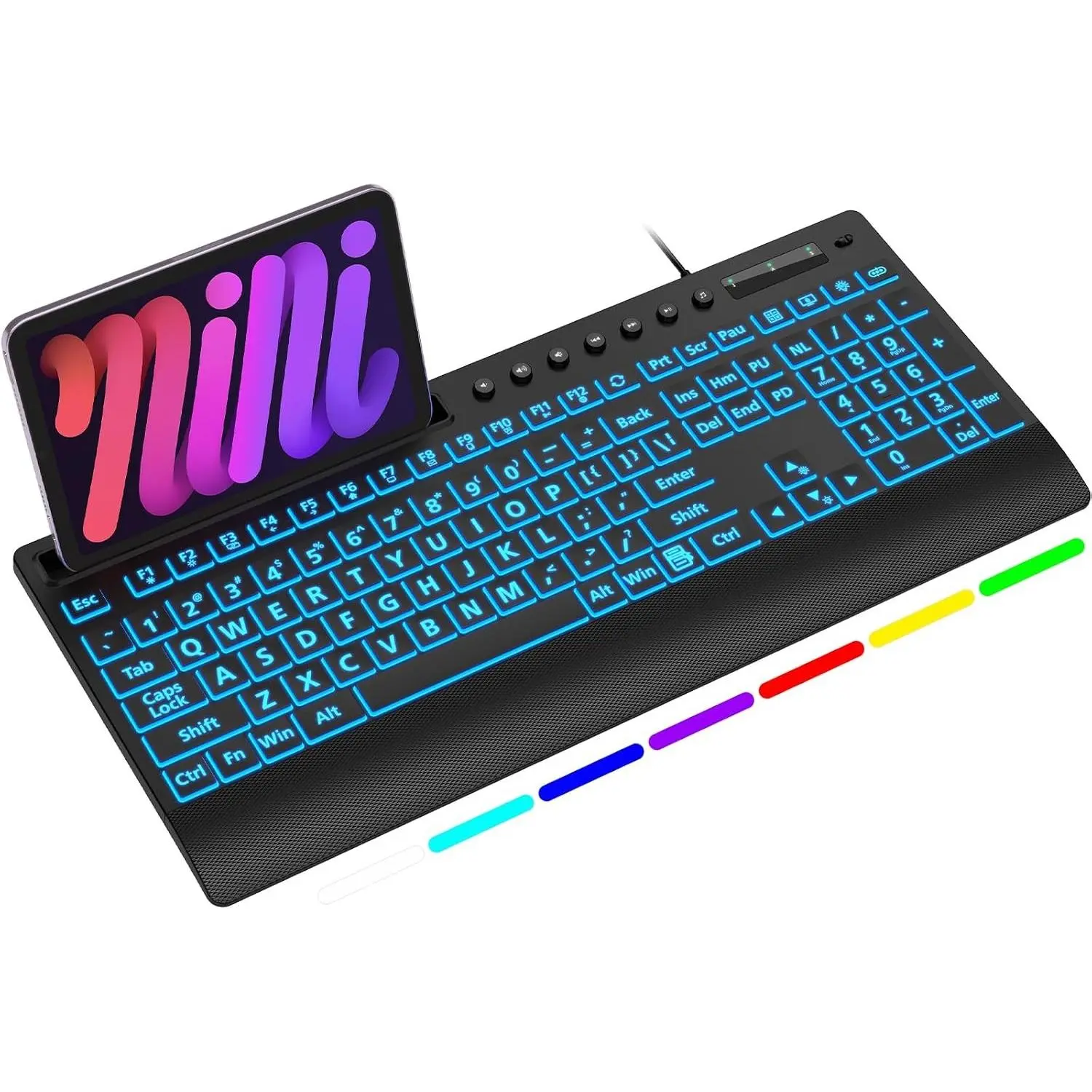 Large Print Backlit Keyboard with Wrist Rest - 3X Larger Keys, 7-Color LED Backlight, Full Size Layout, Quiet Typing, Phone Holder, Plug & Play, Windows Compatible