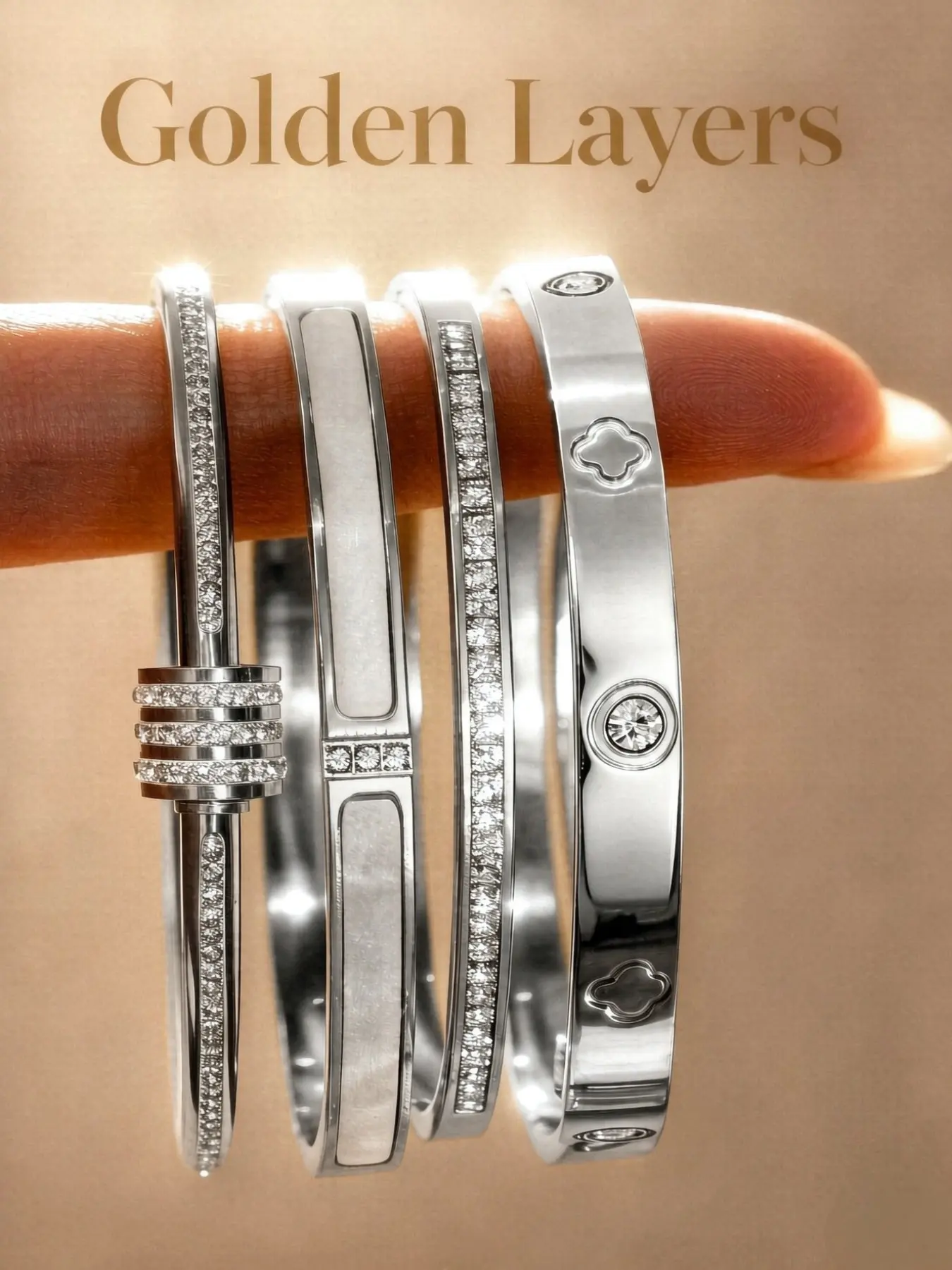 4-Piece Silver Color Zircon Bracelet Set for Women, Clover & Screw Pattern Stackable Open Bangle, Luxury Gift for Girlfriend