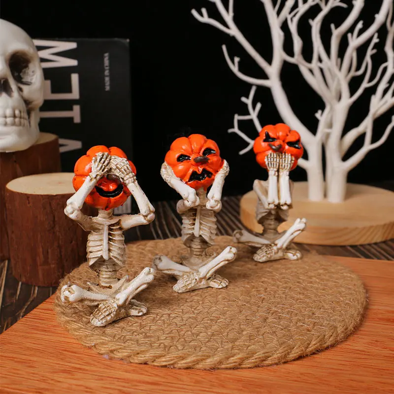 3-piece resin meditation pumpkin and skull doll set - Seated Halloween desktop tray party decoration for Halloween atmosphere