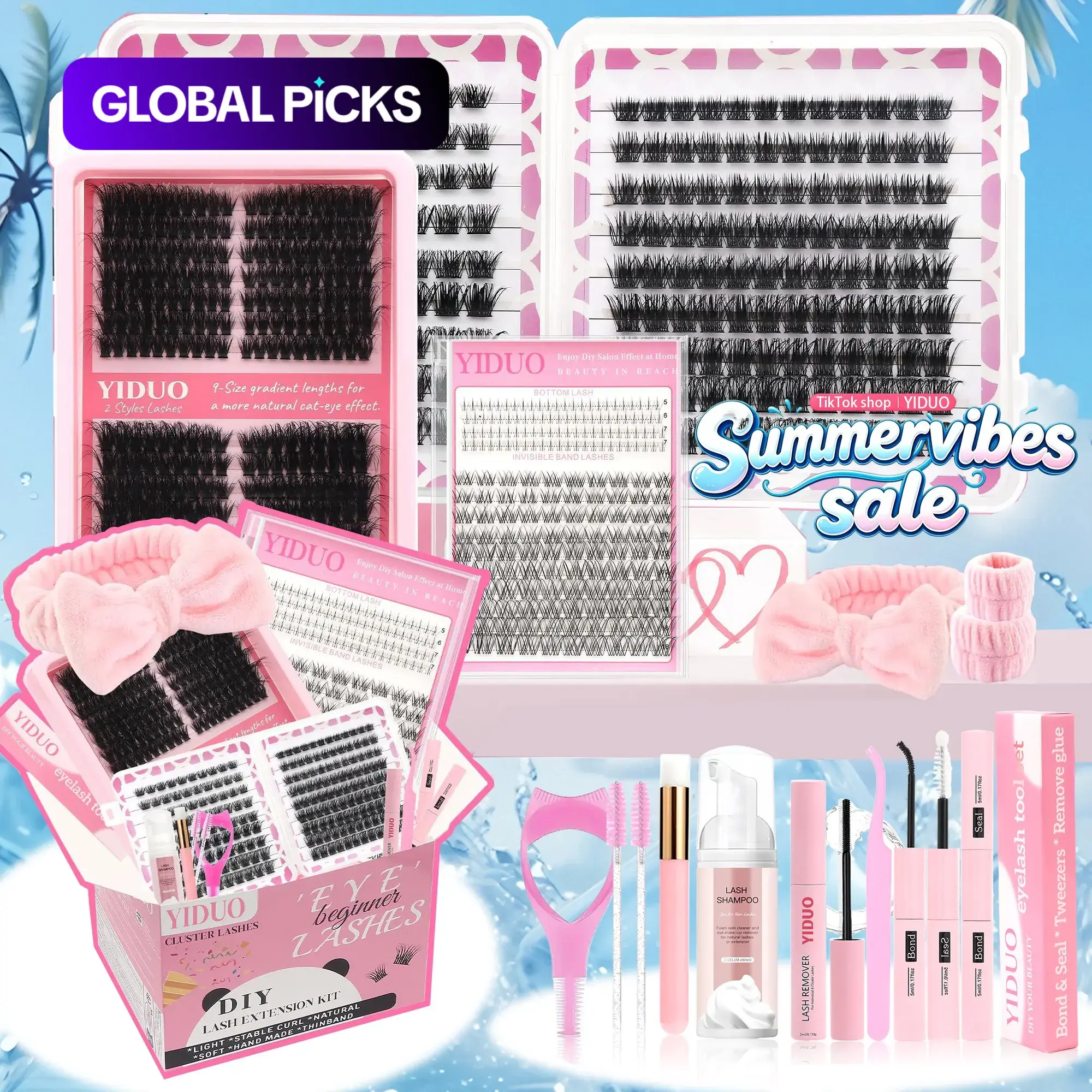 DIY Eyelash Extension Kit, Mixed Volume Fluffy Cluster Lashes Set with Glue, Tweezers, Brush, Lash Remover, Lash Shampoo, Wristband & Headband #GLOBAL PICKS