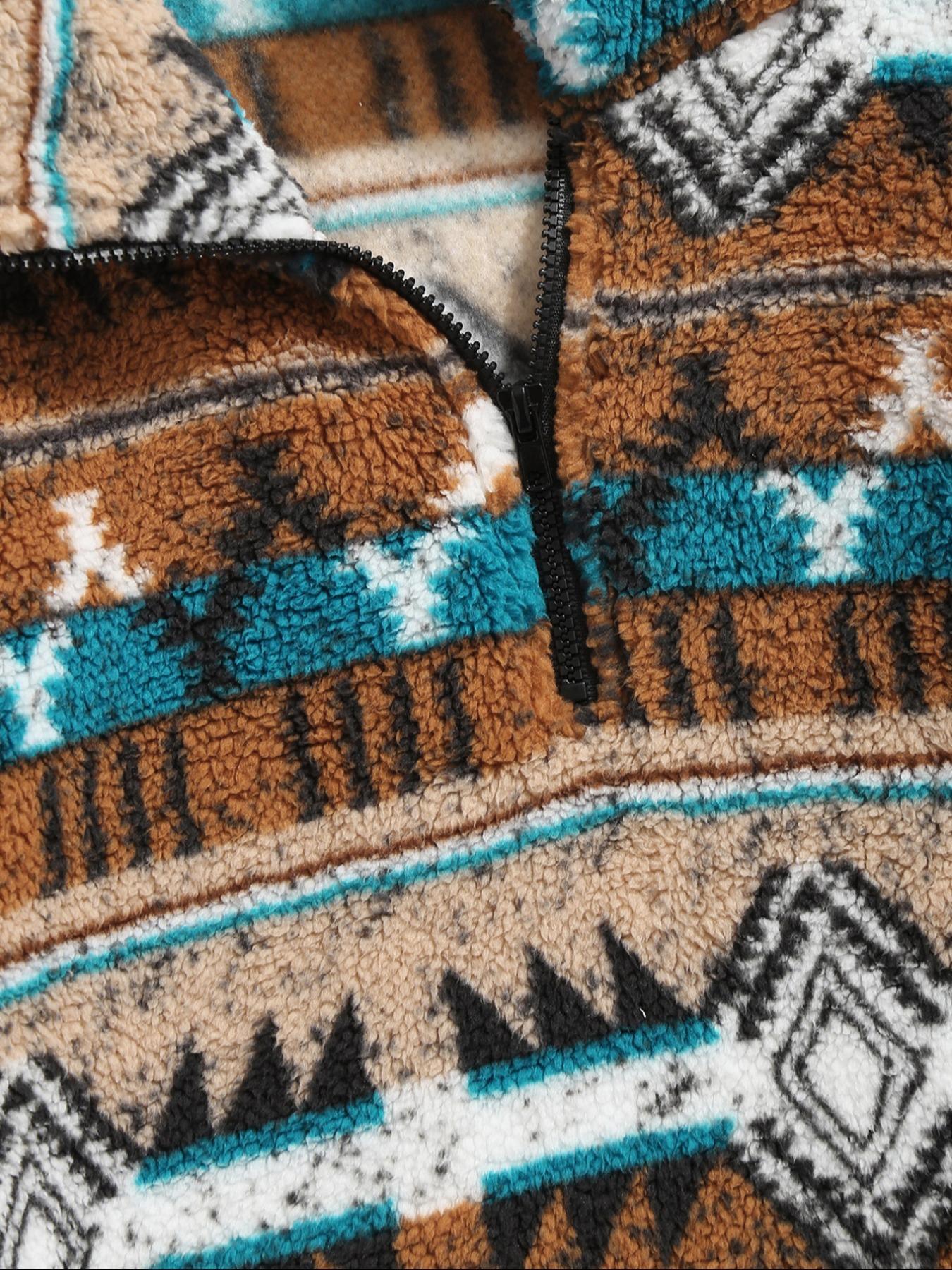 Men's Ethnic Pattern Zip Up Kangaroo Pocket Plush Sweatshirt, Menswear Casual Boho Style Drop Shoulder Long Sleeve Fuzzy Outerwear, Men's Fall & Winter Clothes