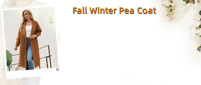 Women's Long Coat Notched Lapel Collar Double Breasted Pea Coat Winter Elegant Wool Blend Over Coats Jackets