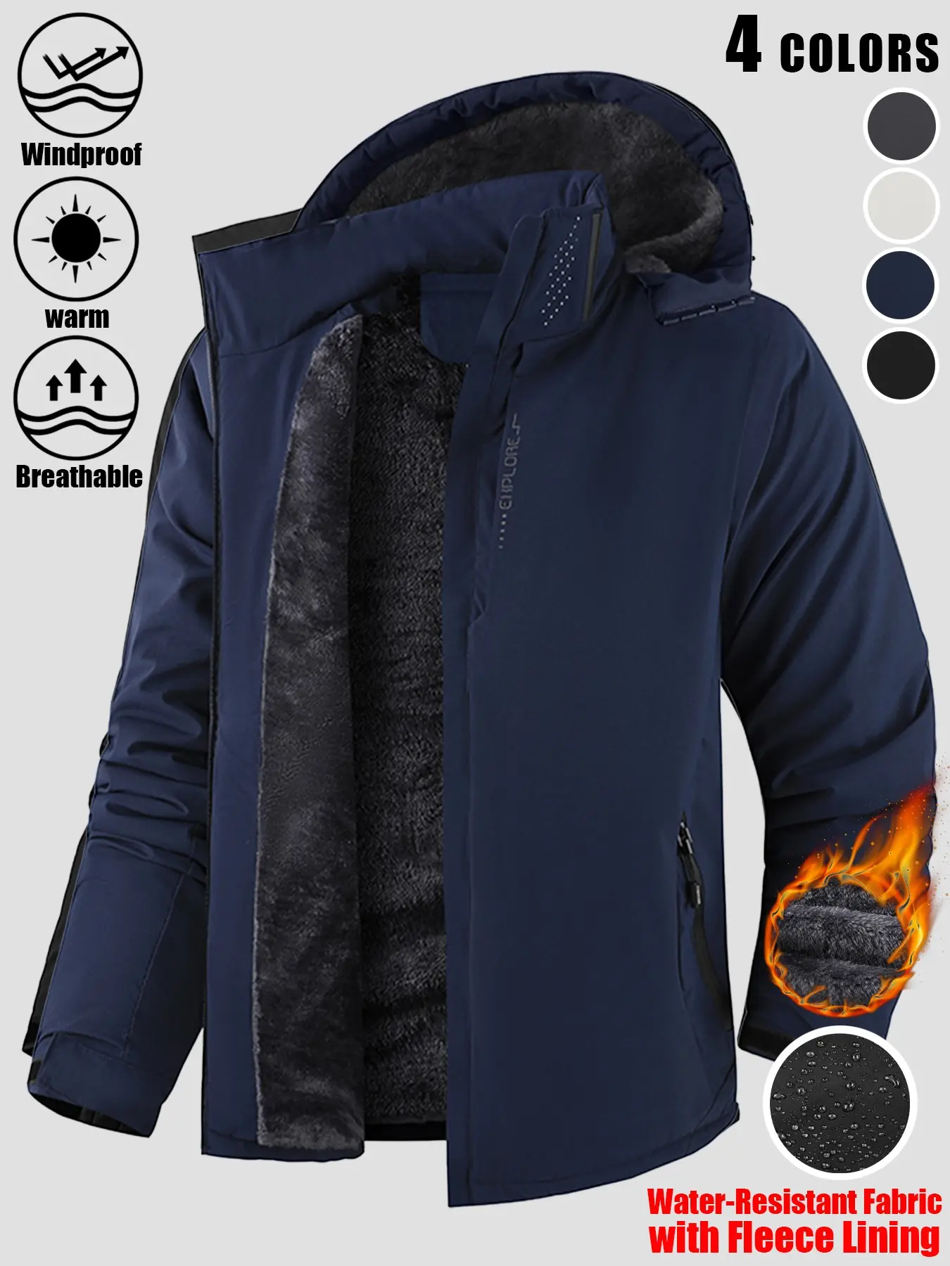 1 Pack Men Casual Hooded Fleece Lined Jacket Water Resistant Windproof Warm Breathable Stand Collar Full Zip Reflective Chest Zipper Pocket Side Pockets Adjustable Cuffs Outdoor Coat 4 Colors For Daily Commute Hiking Camping Outdoor Sports Layering