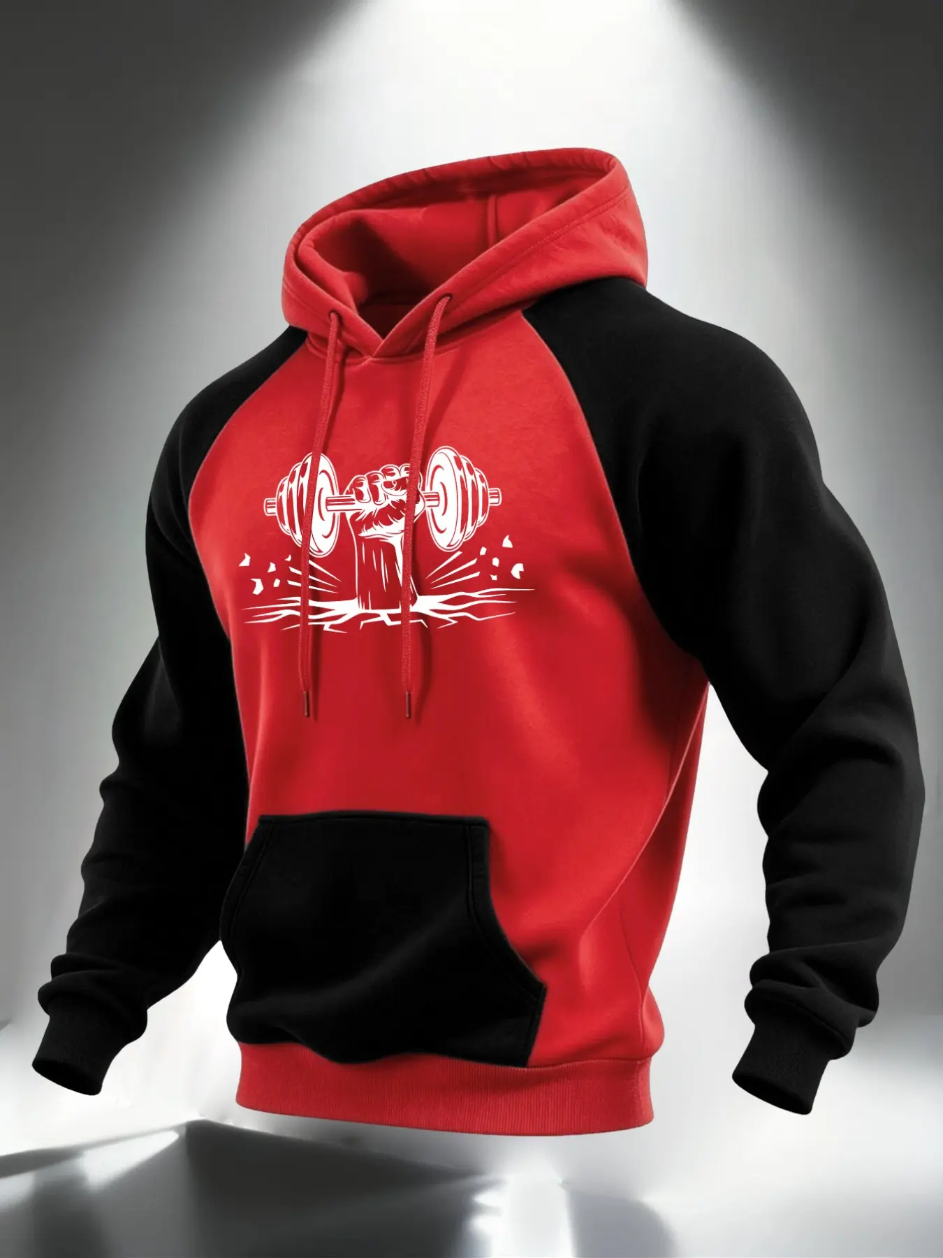 Men Raglan Sleeve Drawstring Hooded Sweatshirt, Powerful Dumbbell Fist Breaking Ground Graphic Print, Kangaroo Pocket Loose Fit Workout Fitness Casual Long Sleeve Pullover Hoodie #FitnessGymHoodie #DumbbellGraphicTop #RaglanStreetHoodie