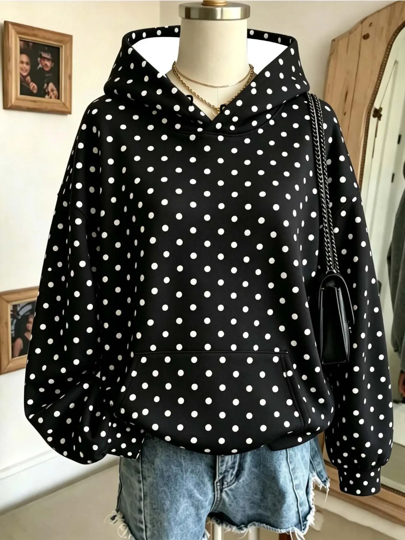 Classic Polka Dot Loose Fit Hoodie, Vintage Casual Pocket Sweatshirt, /, Evenly Distributed Dots, Versatile Style