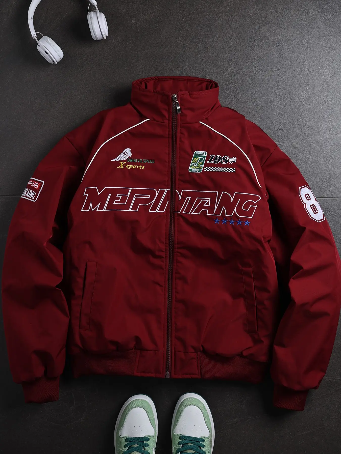 Men's Embroidered Thick Racing Motorcycle Jacket, American Vintage Stand Collar Loose Fit Windproof Warm Baseball Coat, Streetwear Jackets, Fall Winter Fashion