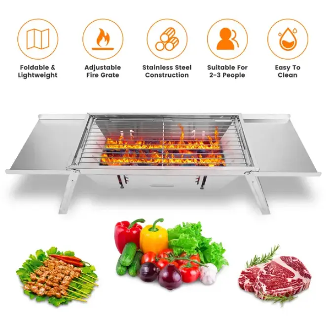 3-in-1 Foldable Charcoal Grill, Portable Stainless Steel BBQ Grill with Adjustable Grate for Camping, Picnics, Beach & Backyard Cooking