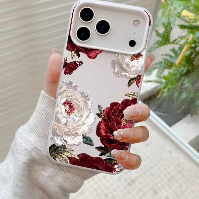 Embroidered Peonies & Butterflies Smartphone Casing, Dual Shockproof Handheld Cellphone Device Cover, High-End Texture Unisex Accessory Compatible with iPhone 17/17 Pro Max/16/16 Pro/15