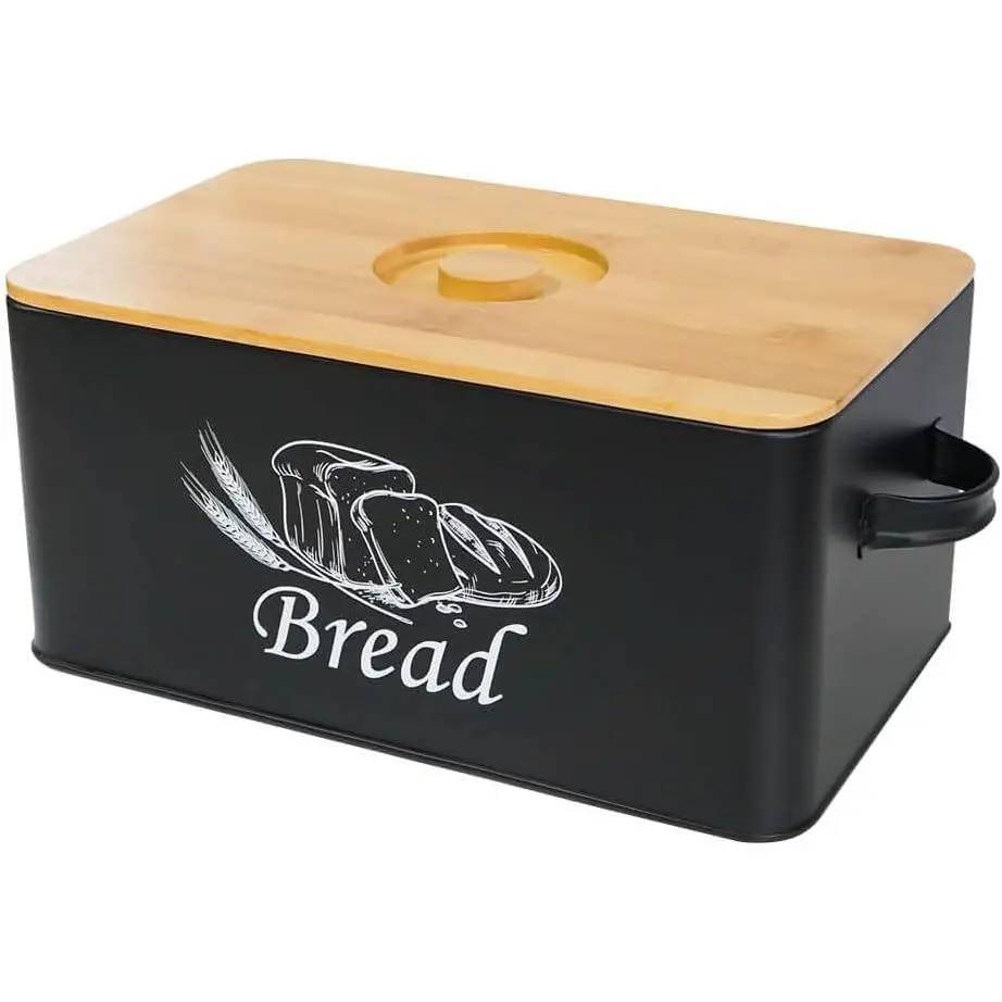 Bread Box with 3 count Jars Coffee Sugar  for Kitchen Countertop White Metal Bread Box with  Board Cover Pastry Storage Container Set Kitchen decor (Black box)