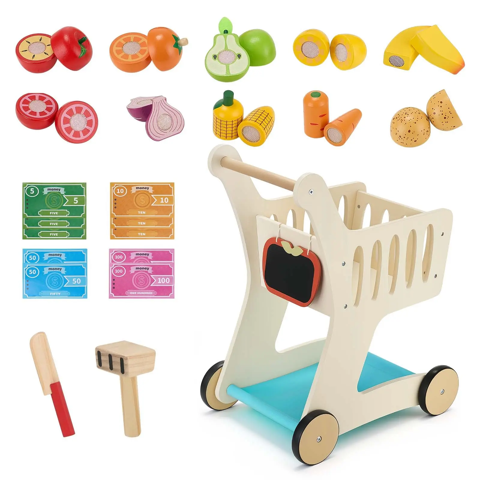 VEVOR Shopping Cart for Kids, Wooden, Toy Shopping Cart with Extra Storage, Realistic Play Food and Scanner, Grocery Store Pretend Play Toy Trolley, Baby Push Learning Walker, for Toddlers Ages 3+