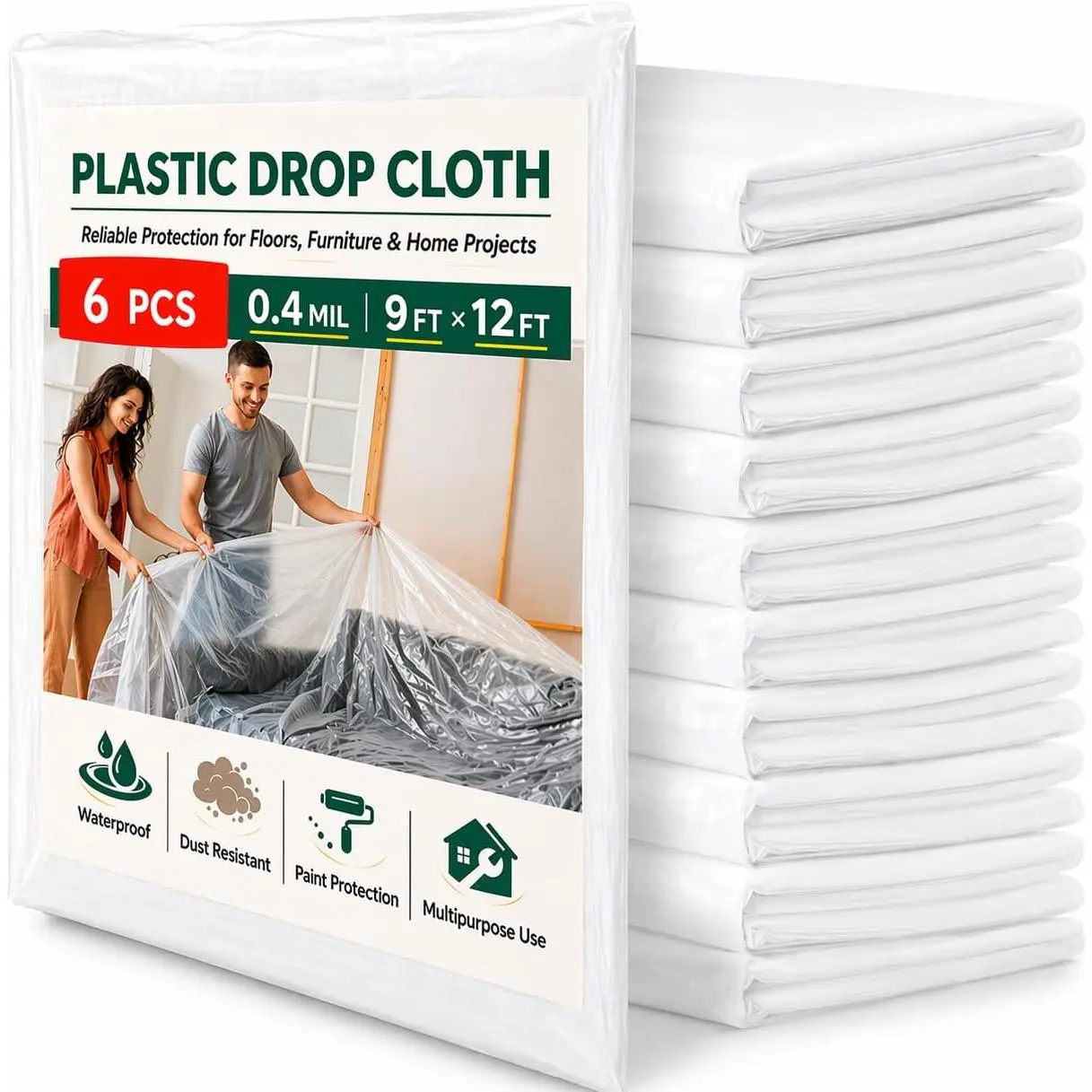 6 Pack Plastic Drop Cloths for Painting, 9 x 12 FT Clear Painters Plastic Sheeting, Disposable Drop Cloth for Floor, Furniture, Couch & Carpet Protection