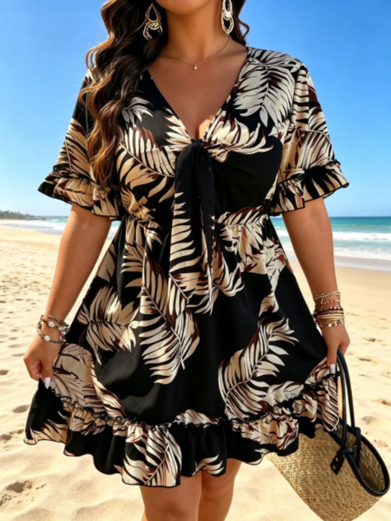 Lune Plus Size Women's Floral Print Tie Dress, Fashion Chic Summer Dress, Perfect for Casual Vacation, Stylish and Comfortable