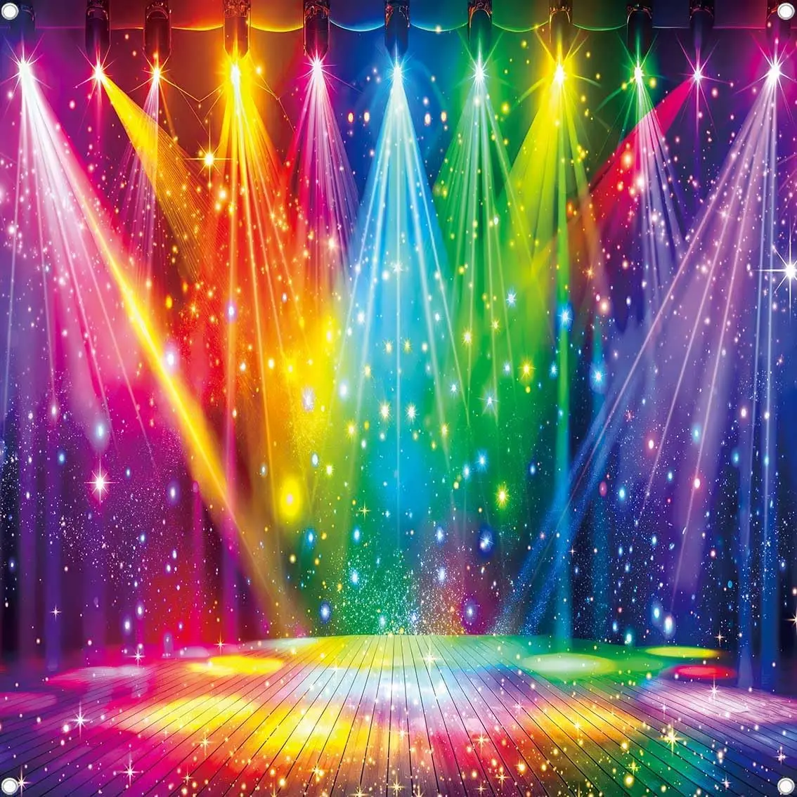 Disco Rainbow Stage Backdrop 70s 80s 90s Hippie   Lights Photography Background Rock  Colorful Neon Glow Party Decorations Photo Banner (6x6FT(72 x 72 inch))