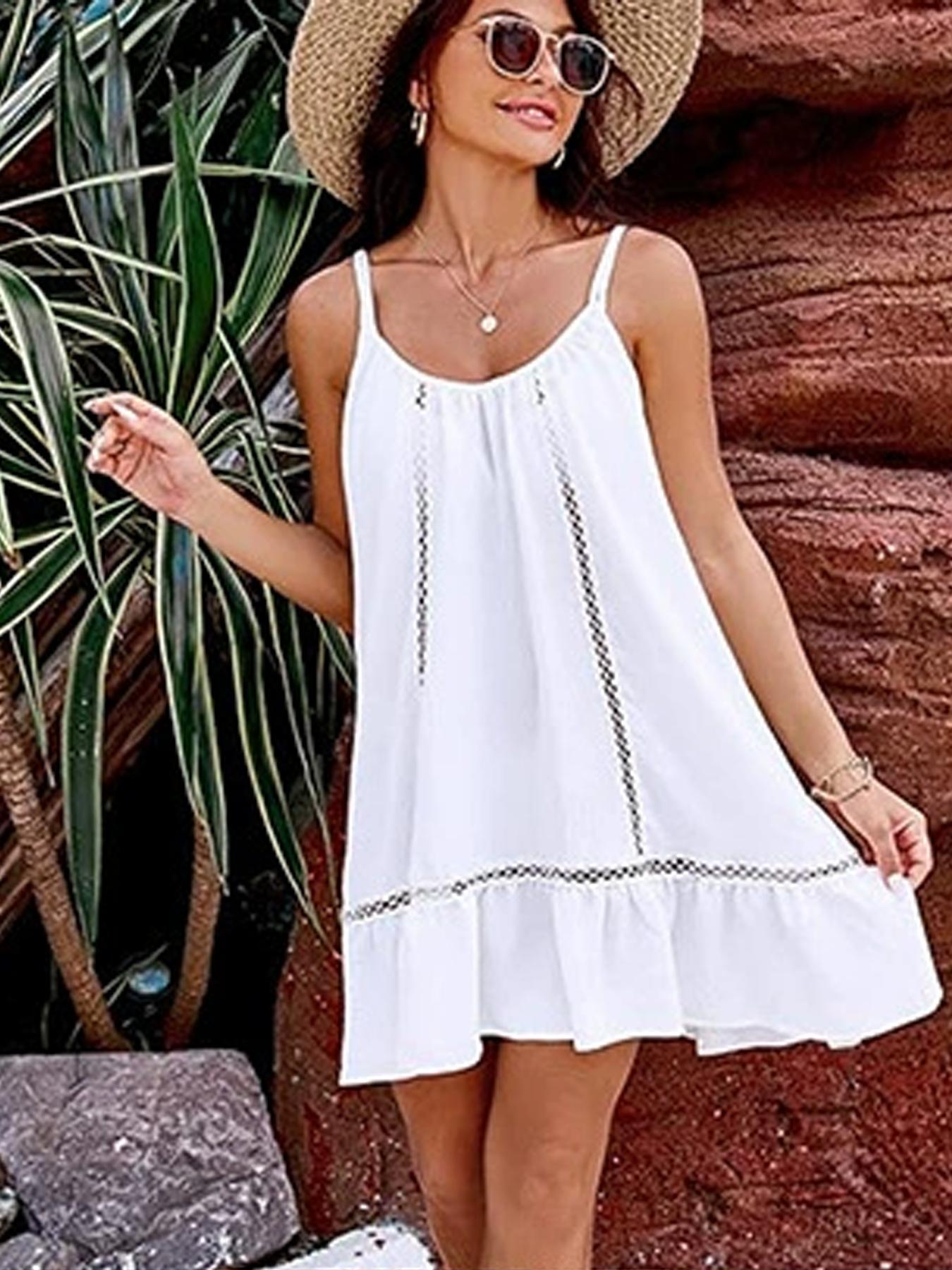 Women's Solid Color Backless Cami Cover Up Dress, Casual Sleeveless Cover Up Dress for Beach Holiday Vacation, Ladies Swimwear for All Seasons