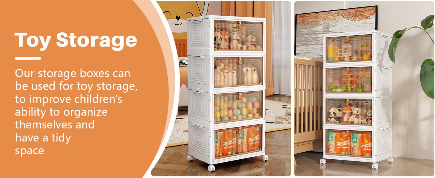 4 Tier Plastic Storage Bins with Lid 24QT, Stackable Storage Containers with Wheels, Folding Storage Boxes, Collapsible Storage Bins, Closet Organizers and Storage for Living Room,Office,Dorm