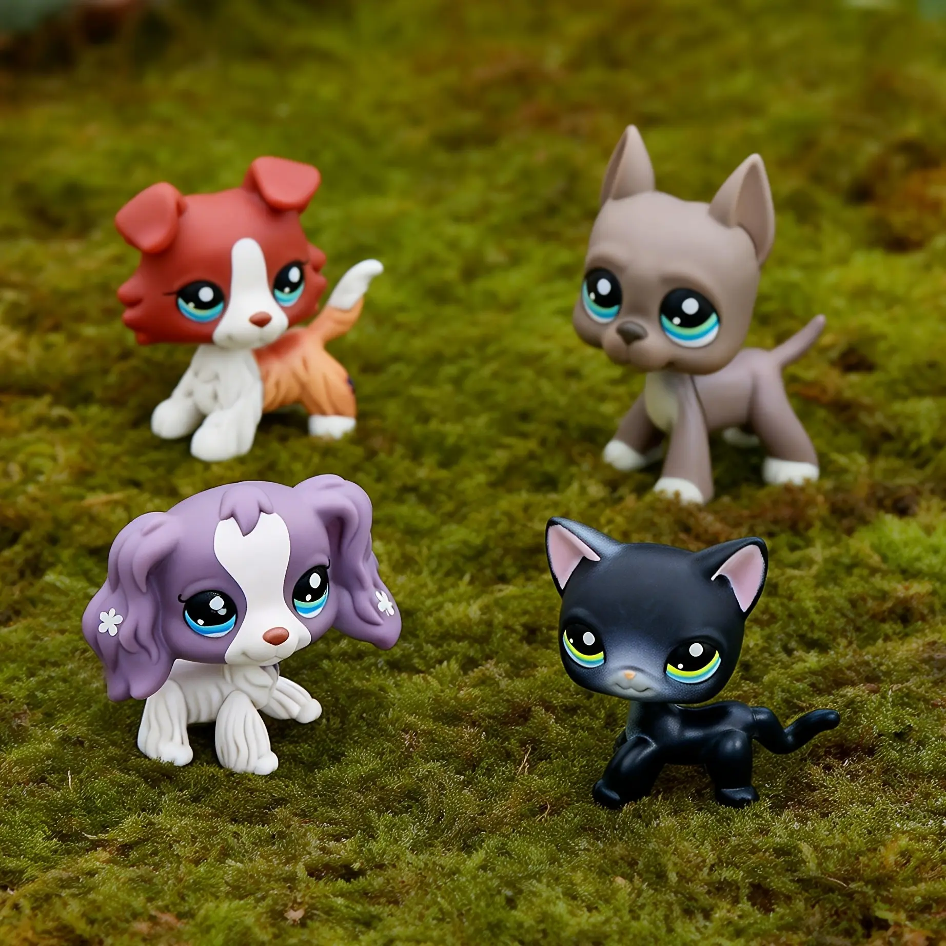 4pcs Mini Pet Shop Lps Collie Great Dane Cocker Spaniel Shorthair Cat, Rare Collectable Figure, Christmas Birthday Gift