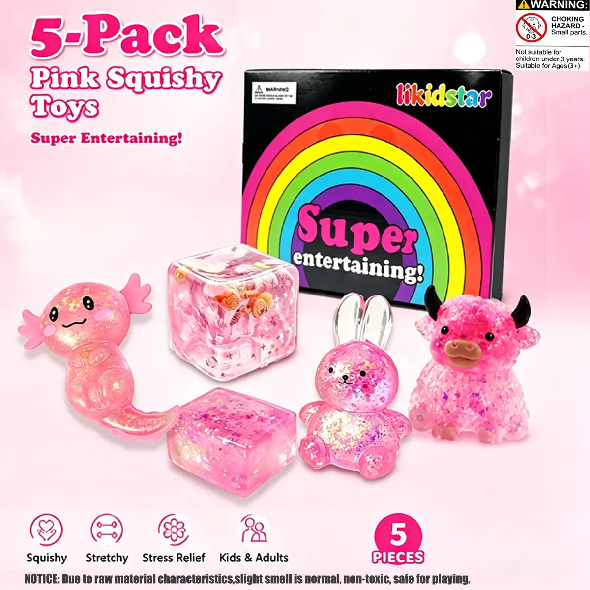 5pcs/set - Cute Pink Series Maltose Sparkling Powder Pinch Set, Stress Relieving Creative Release Slow Rebound Pinch, Party Gift