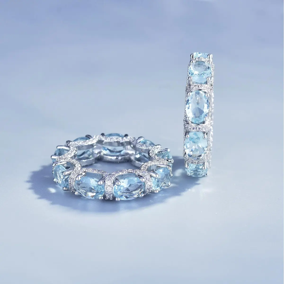 Blue gemstone ring, princess cut aquamarine micro-inlaid bracelet, galaxy-themed European and American lace trim new design ring, copper