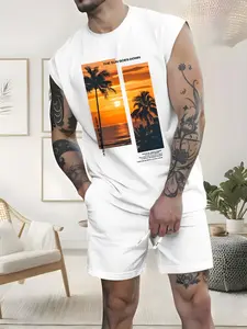 Summer Men's Sleeveless Sportswear Set, American West Coast Palm Tree Sunset Print, Loose-Fit Breathable Casual Two-Piece