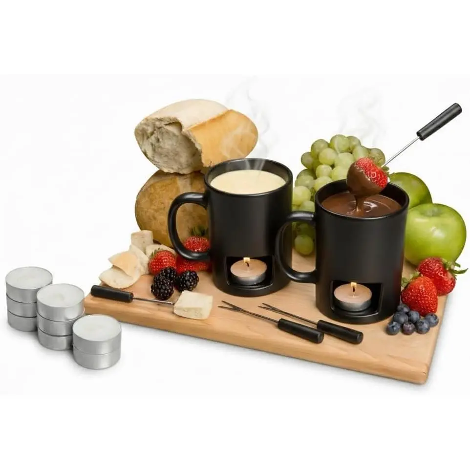 Mini Fondue Pot Set - 2 Pack Ceramic Fondue Mugs for Chocolate, Cheese and Candy with 4 Forks and 8 Candles - Mothers Day Gifts for Mom, Romantic Date Night Gift - Black