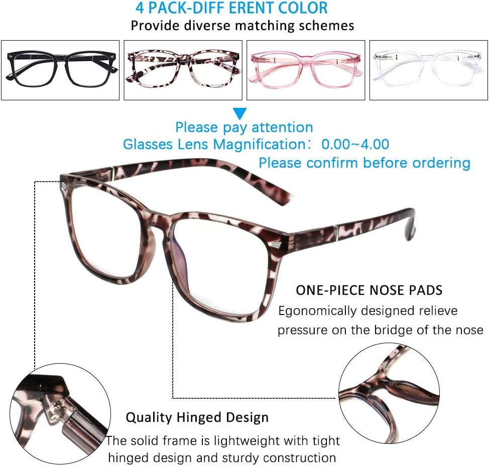 4-Pack Blue Light Blocking Reading Glasses Women Men,Spring Hinge Computer Readers,Anti UV Ray Square Nerd Eyeglasses (Mixed Color, 0.00, Diopters)