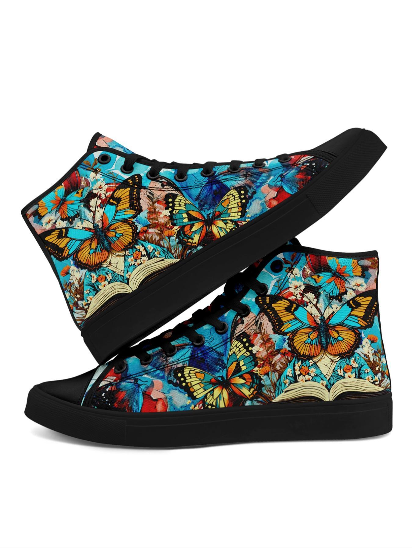 Women's Fashionable Butterfly Print Lace Up Front Canvas Sneakers, Casual Comfortable Soft Bottom Skateboard Shoes, All-match Round Toe Sports Shoes for Daily Wear