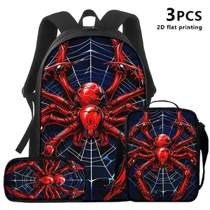 3pcs Backpack, Shoulder Bag, Pouch with Red Spider/Web 2D Print; Dark Sci-Fi Style for Young Adults; Ideal for Commuting, Travel, Streetwear
