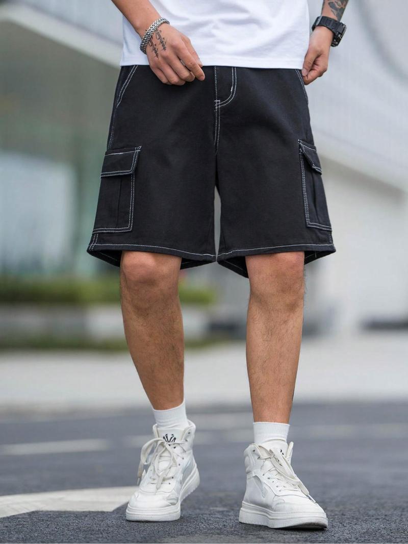Men's Solid Flap Pocket Cargo Shorts, Loose Casual Fashion Denim Shorts for Daily Outdoor Wear, Men Bottoms for Summer, Lightweight Shorts