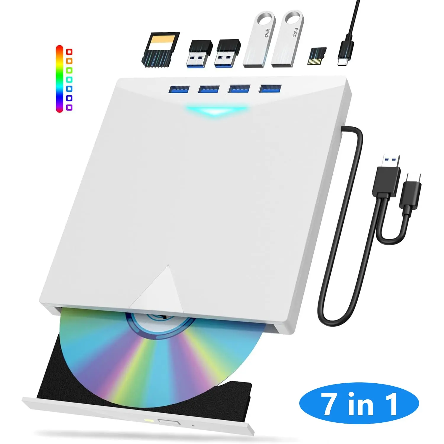 External CD/DVD Drive for Laptop PC, 7 IN 1 LED CD Reader for Laptop CD Burner CD ROM DVD-/+RW Writer Reader with TF/SD Card Slots, USB 3.0 Type C External DVD Drive,Compatible with Windows 11/10/8/7, Linux, MacOS