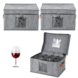 Garvee 3-Pack Stemware Storage Box with Dividers - Large 16x11.5x10 in Felt Glass Holder Organizer Featuring Lids & Handles for Wine Glasses, Champagne Flutes, Crystal Cups Protection and Moving