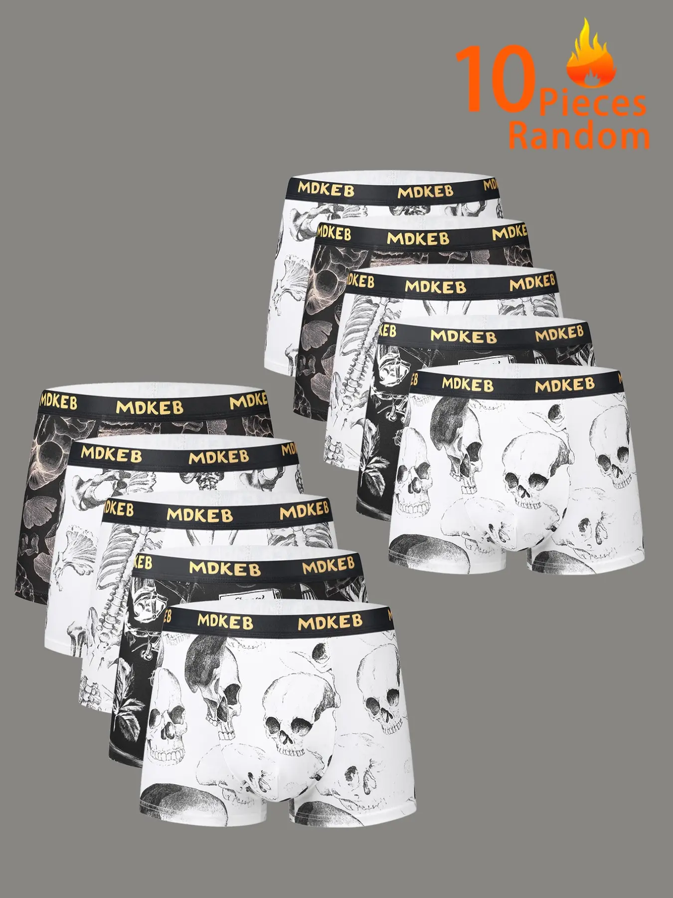 10-Pack Men's Skull Print Polyester Boxer Briefs, High Elasticity Skin-Friendly Trunk, Dark Cool Pattern, Multi-Color Random, Comfortable, High Stretch Elasticity Design Underwear