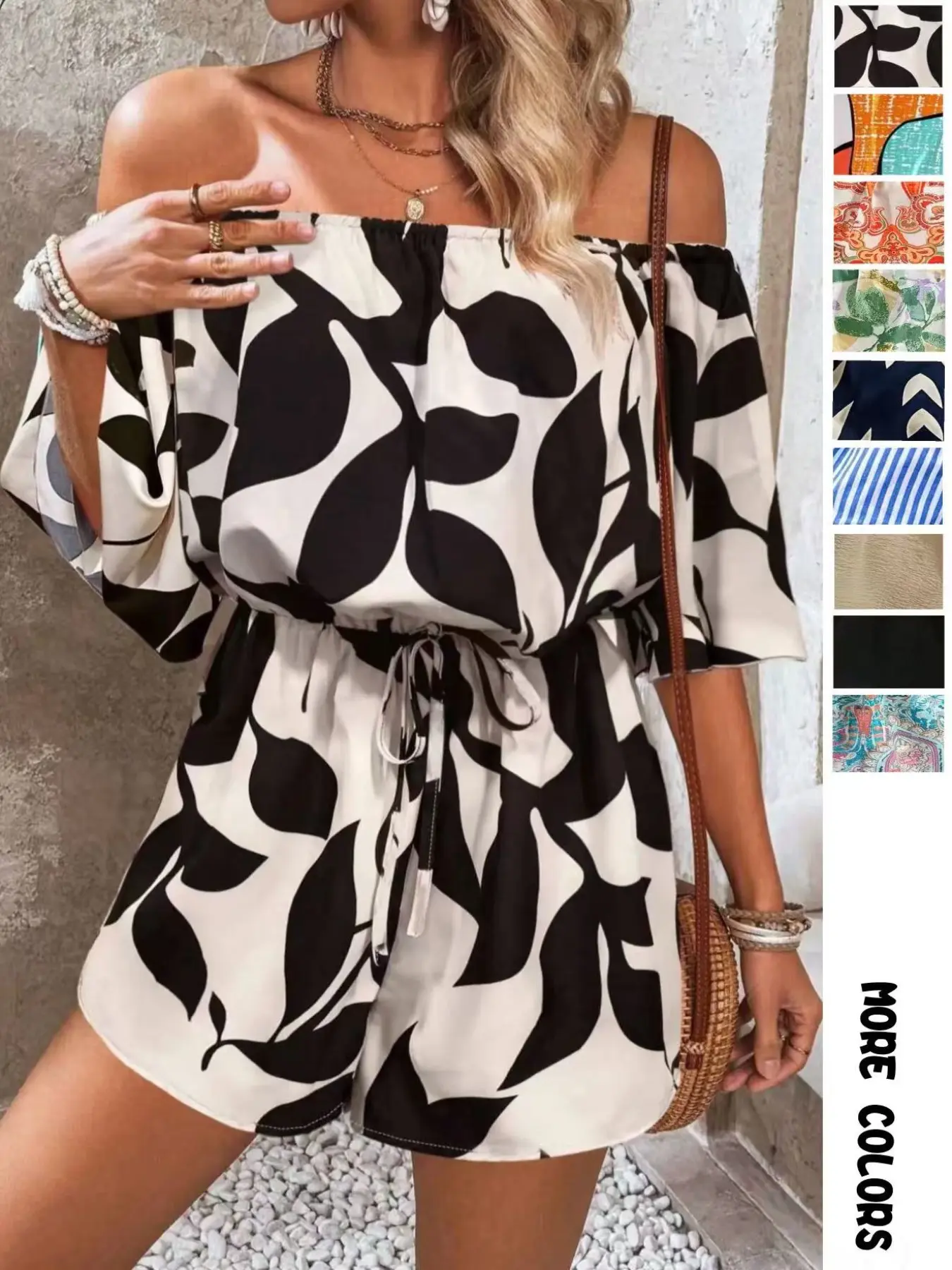 Women's Leaf Print Off Shoulder Tie Front Adjustable Lightweight Feminine Bohemian Romper, Casual Short Flounce Sleeve Romper for Summer, Fashion Women's Clothing Womenswear for Beach Holiday Vacation
