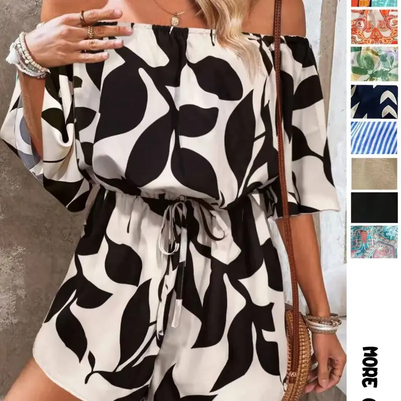 Women's Leaf Print Off Shoulder Tie Front Adjustable Lightweight Feminine Boho Bohemian Romper, Casual Short Flounce Sleeve Romper for Summer, Fashion Women's Clothing Womenswear for Beach Holiday Vacation, Adjustable Romper Jumpsuit