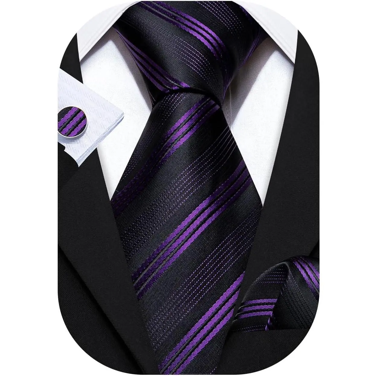 Men's Striped Silk Woven Tie Set with Pocket Square and Cufflinks for Formal Party Business(Gift)