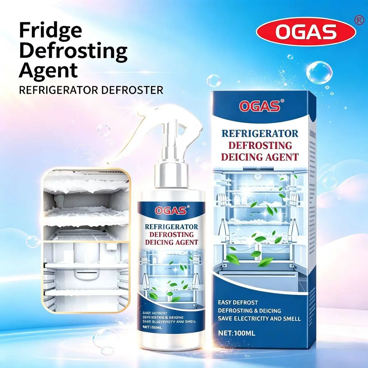 Refrigerator Defrosting Agent, Cleaning, Ice Cabinet Snow Melting Cleaner, Prevents Icing, Efficient Ice Block Removal, Easy-To-Use De-Icer