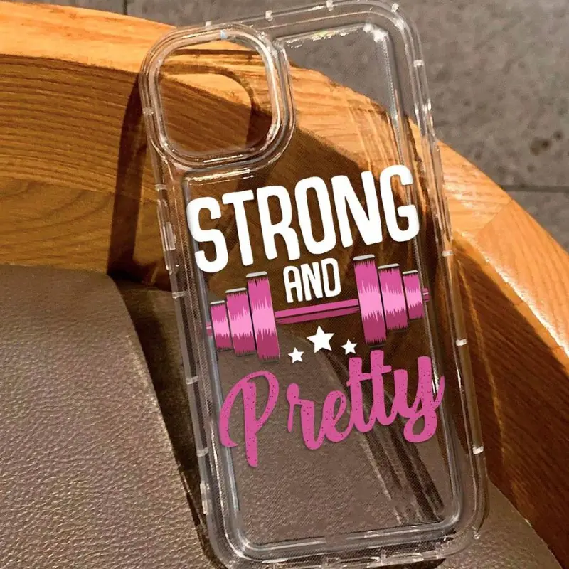 Clear CasePop phone case with white STRONG lettering, a pink barbell and pink Pretty script