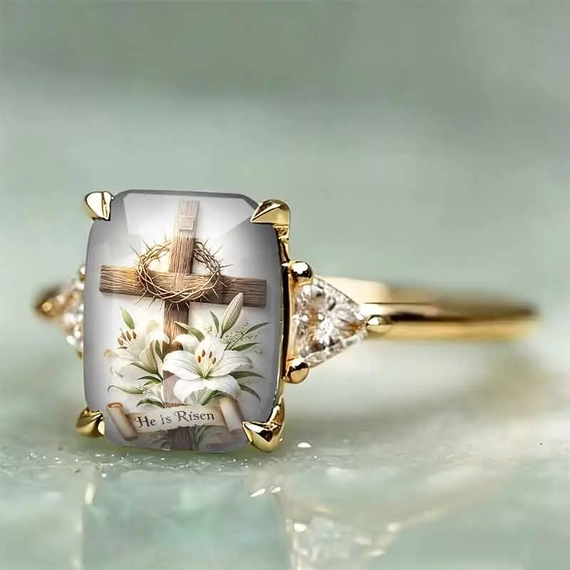 Vintage Square Art Print Ring, Cross Lily Floral Pattern Faith Statement Ring with Words He is Risen, Dainty Gold Tone Crystal Side Stone Religious Jewelry, Daily Wear Versatile Decorative Ring for Women