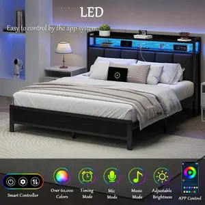 Twin/ Full/ Queen/ King Bed Frame With Storage Headboard, LED Bed Frame With Charging Station, Upholstered Platform Bed Frame With Heavy Duty Metal Slats, No Box Spring Needed, Easy Assembly, Black/ White/ Beige