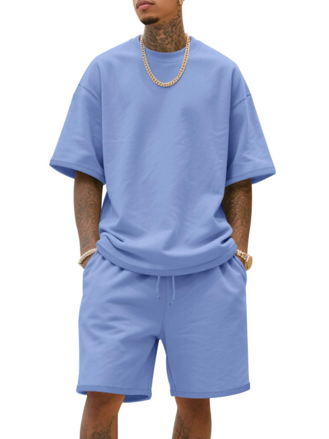 Men's Summer Casual Set, Pure Color Round Neck Short Sleeve Knit Tee & Shorts, Classic Loose Fit Sportswear, Comfortable Daily Wear Outfit