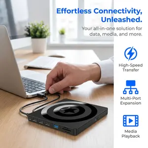 High speed USB 3.0&Type-C dual interface portable external optical drive, 6-in-1 multifunctional burner (supporting CD/DVD+/- RW burning), integrated SD/TF card reader, driver free plug and play, compatible with Windows 11/10/8/7/XP, Mac and Linux systems