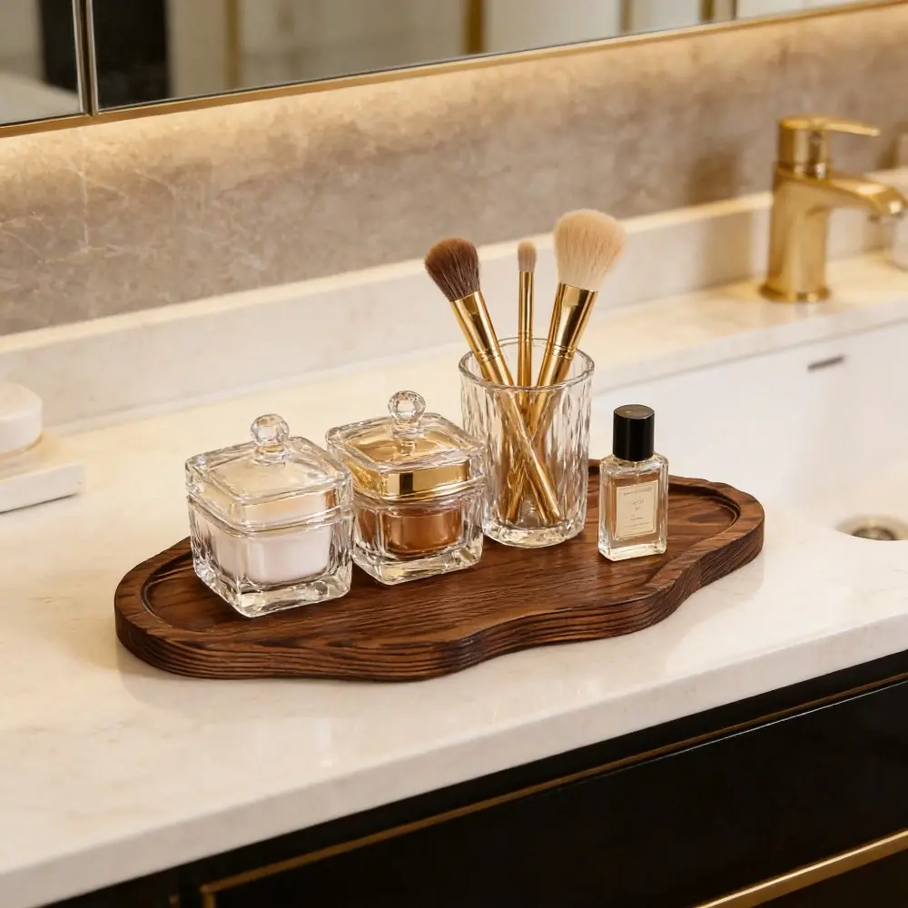 1pc Wooden Bathroom Tray, Irregular Shape Decorative Tray, Storage Tray for Toilet, Candle Fragrance Perfume Tray, Home Decoration, Bathroom Decorations