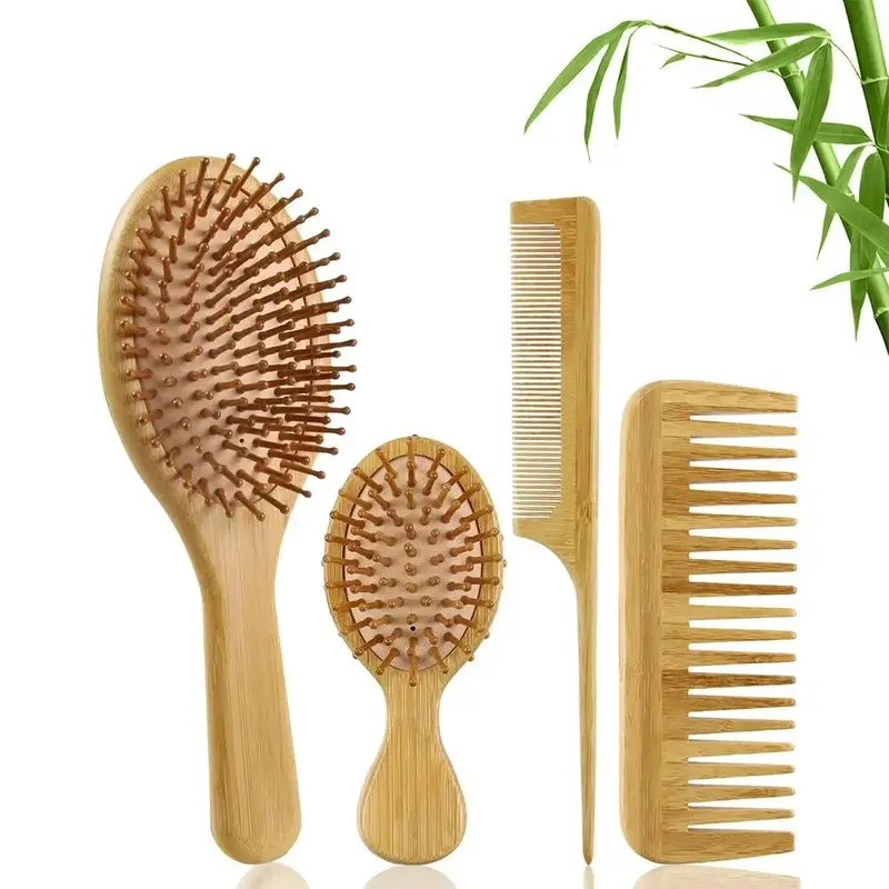Bamboo Hair Comb Set, 4-Count Natural Bamboo Paddle Detangling Hairbrush, Wide-Tooth and Tail Comb, Smoothing Hair Styling Tools for Women and Men, Curly Hair Care Grooming Gift, Hair Care Accessories