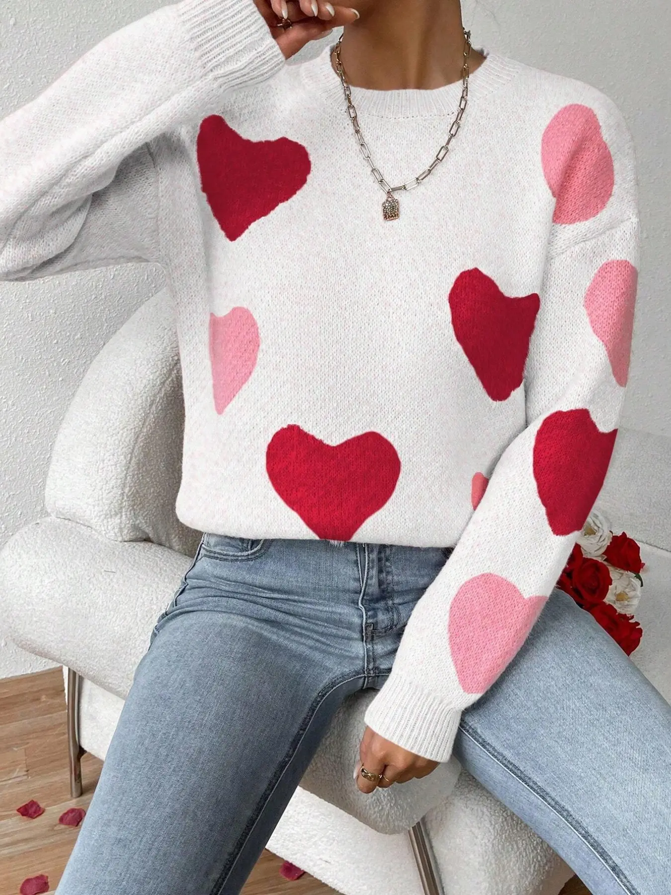 Soft Colorblock Heart Print Knit Sweater, Drop Shoulder Long Sleeve Casual Top, Comfortable Base Layer Pullover for Daily Wear