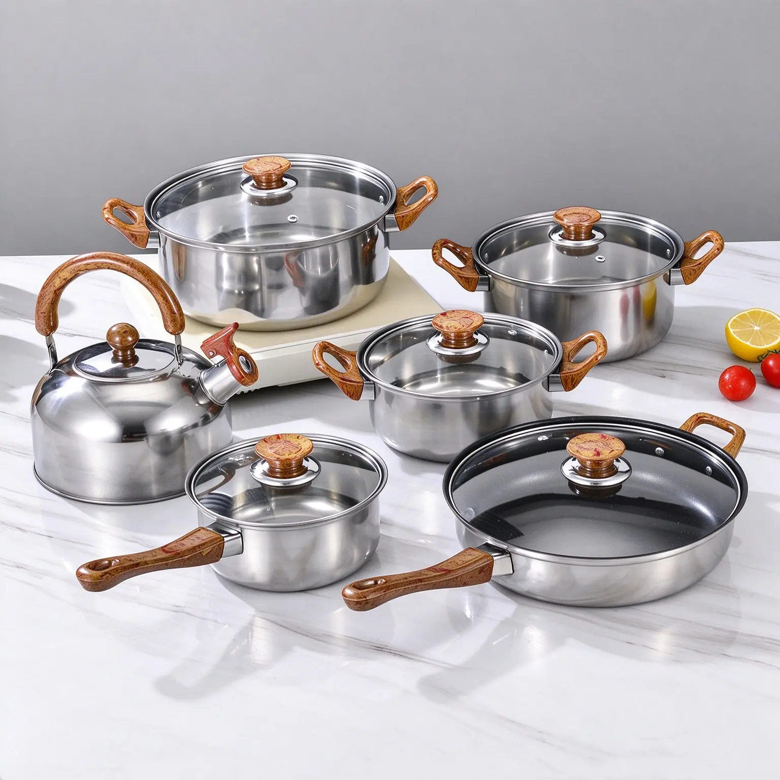 6 PCS Stainless Steel Cookware Set, Compact Storage, Nonstick Frying Pan with Ergonomic Cool Touch Wood-Grain Handles, Induction Gas & Electric Stovetop Compatible Kitchen Pots and Pans Set with Whistling Tea Kettle for Everyday Home Cooking
