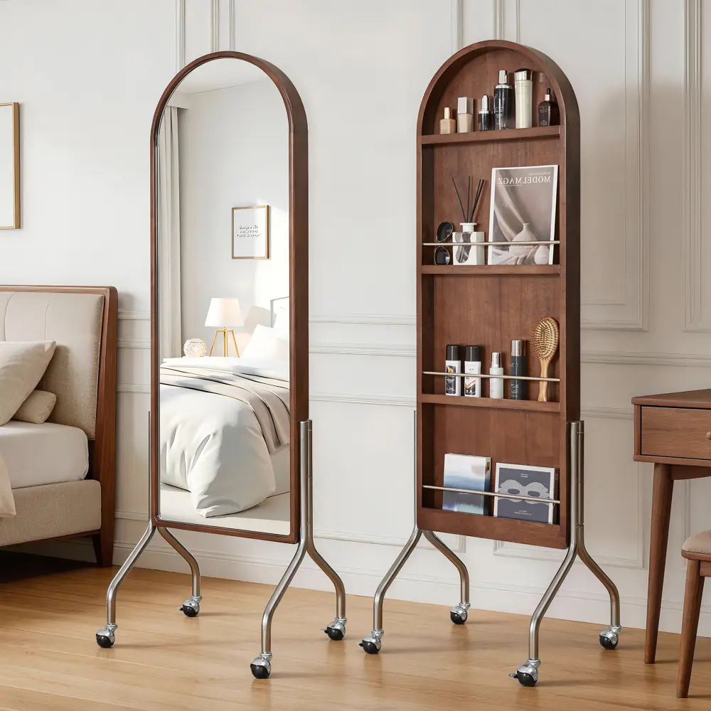 Littleox Arched Full Length Mirror with Storage Shelves & Wheels, Rubber Wood Frame Floor Mirror, Freestanding Rolling Mirror with Cart, 2-in-1 Dressing Mirror & Bookcase for Bedroom Living Room