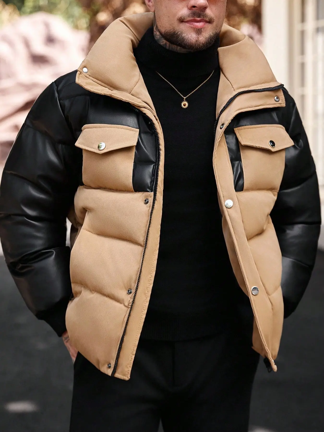 Men's Fashion Plaid Contrast Zipper Long Sleeve Pocket Thick Outerwear, Warm Fleece Patchwork Down Jacket, Winter Street Style Club Jacket