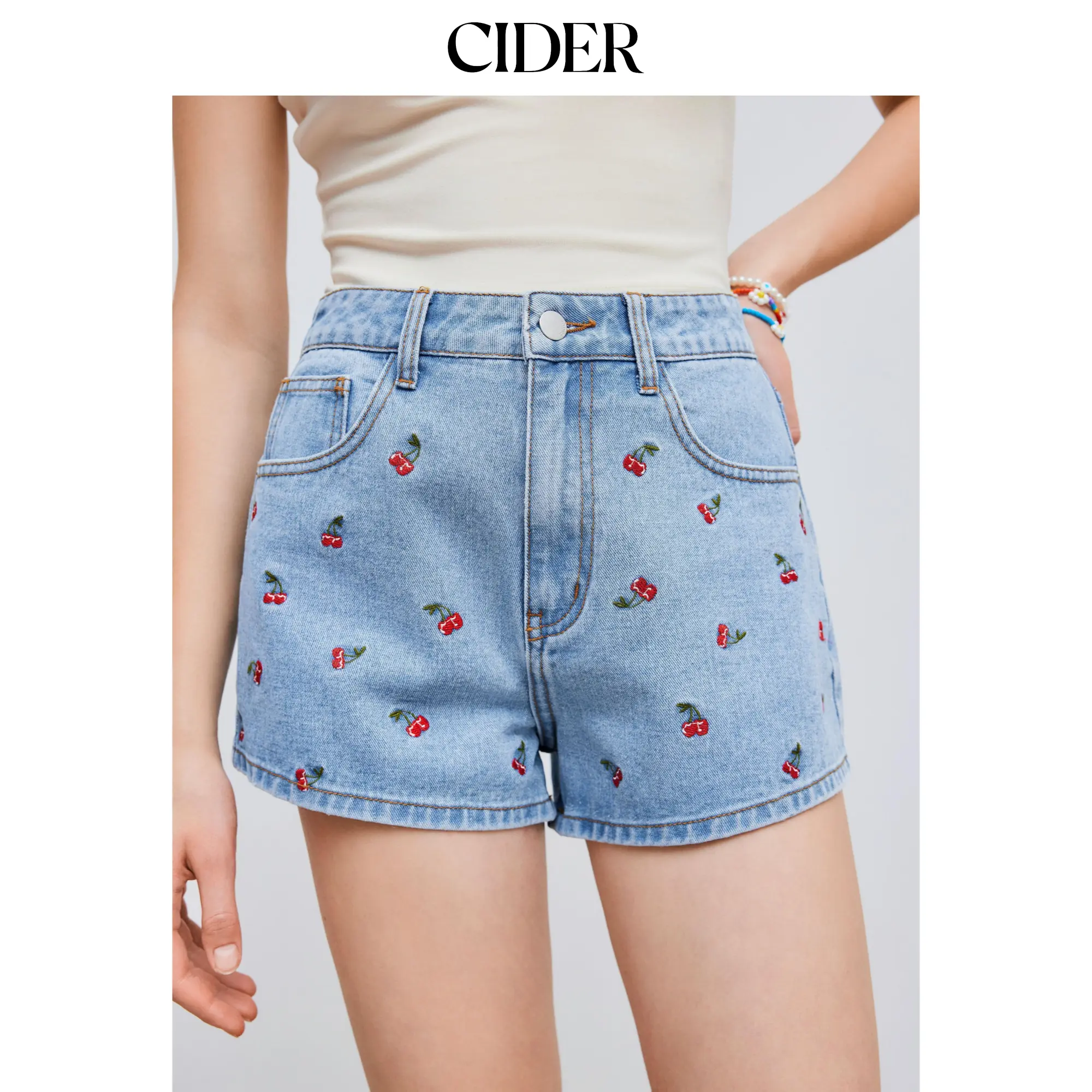 Cider [size 0-26] Cider Denim Mid Rise Cherry Embroidery Straight Leg Micro Shorts